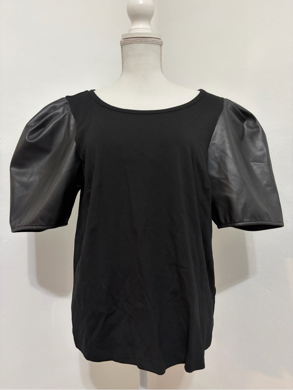 Anthropologie Black Tee with Faux-Leather Puff Sleeves